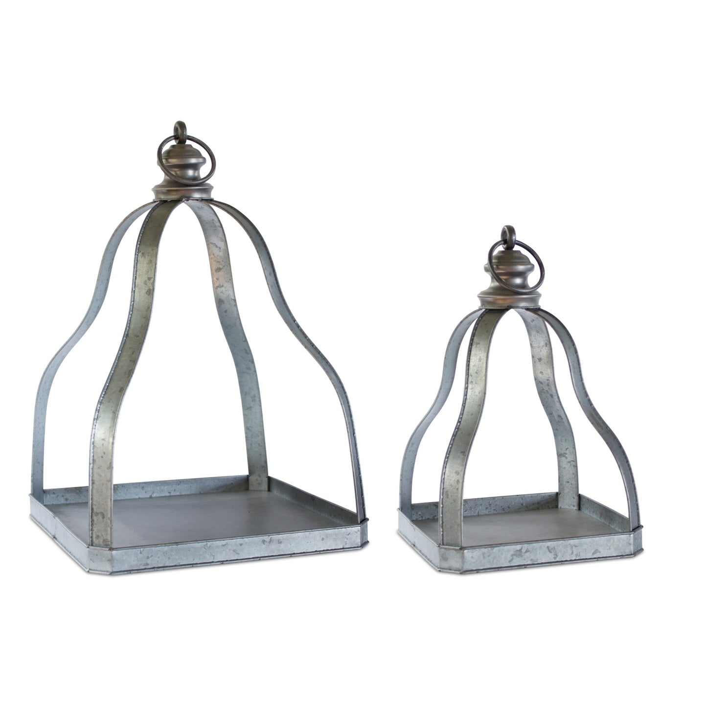 Set of Two Gray Distressed Galvanized Metal Tabletop Lantern Candle Holders