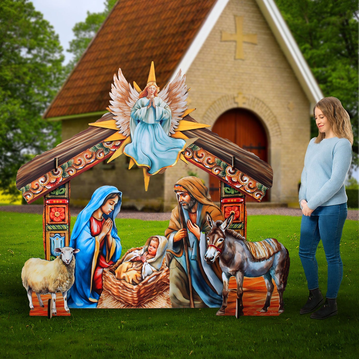 Life-Size Illustrated Holy Family Outdoor Complete NATIVITY Set – Handcrafted Christmas Yard Display by G. DeBrekht - Nativity Holiday Decor - 8621038F-S13-XXLG