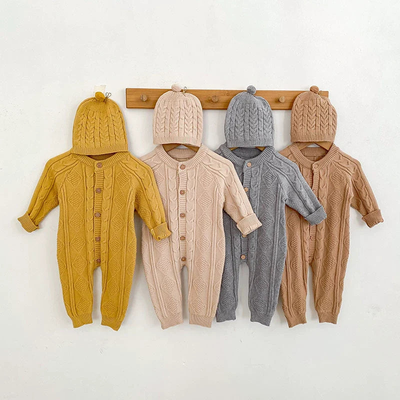 Autumn Arrival Unisex Baby’s Solid Color Geometric Jacquard Pattern Knitted Rompers