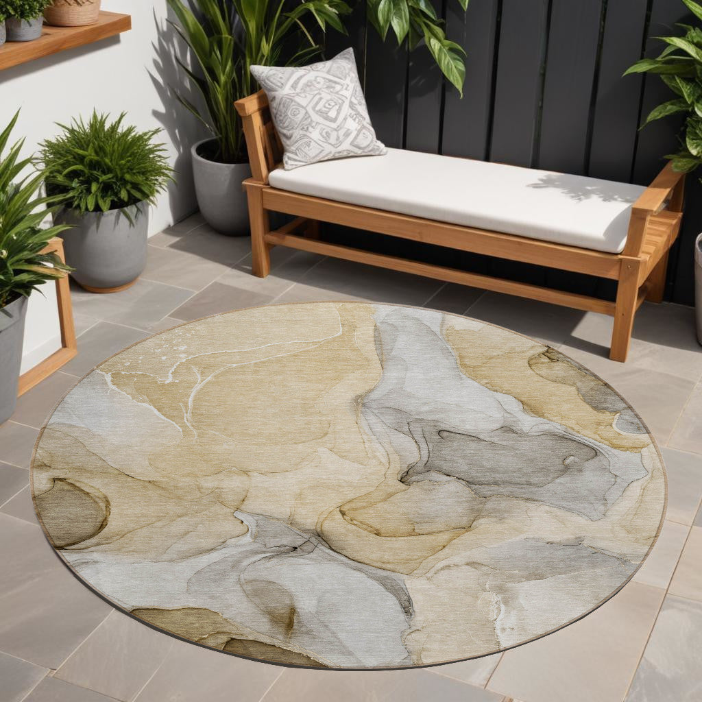8' Round Brown Round Abstract Washable Non Skid Indoor Outdoor Area Rug