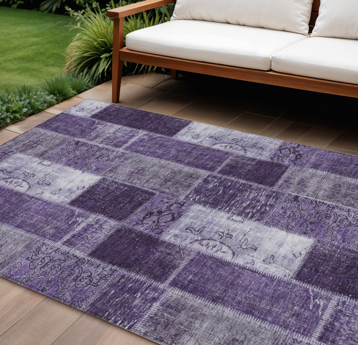 8' X 10' Purple Eggplant And Lavender Patchwork Washable Indoor Outdoor Area Rug