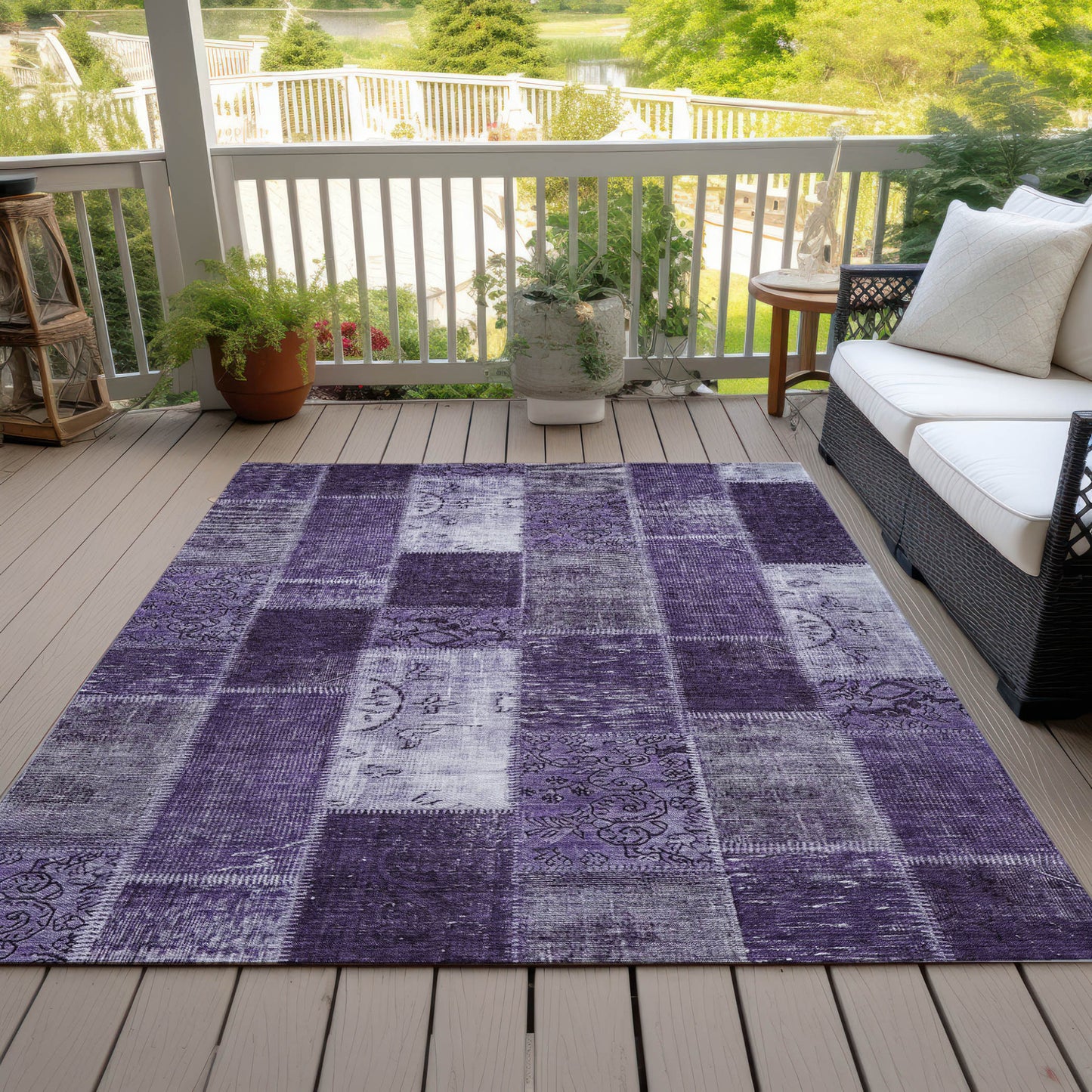 8' X 10' Purple Eggplant And Lavender Patchwork Washable Indoor Outdoor Area Rug