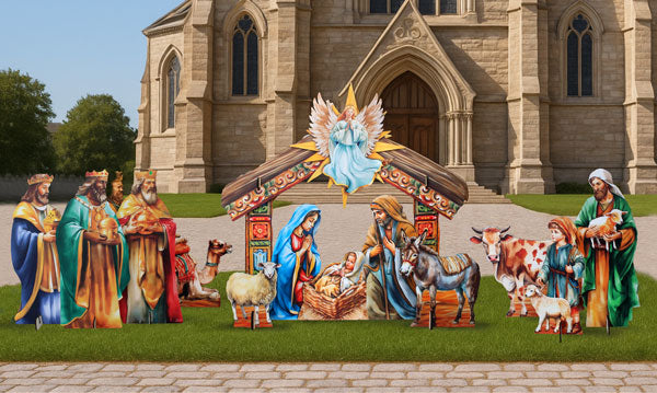 Life-Size Illustrated Holy Family Outdoor Complete NATIVITY Set – Handcrafted Christmas Yard Display by G. DeBrekht - Nativity Holiday Decor - 8621038F-S13-XXLG