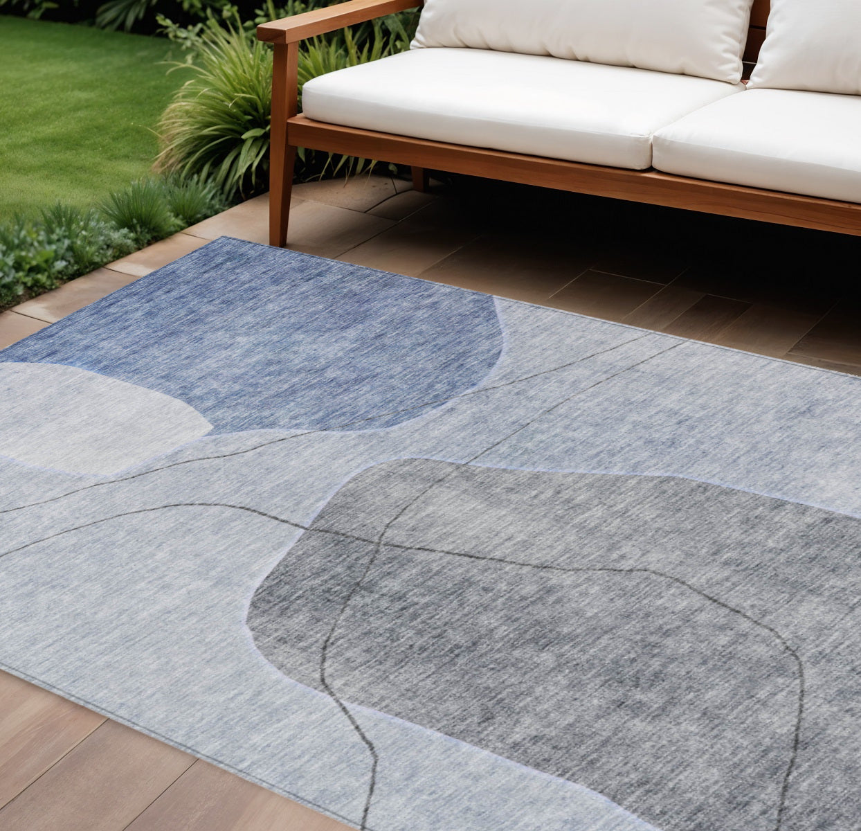 8' X 10' Denim Blue And Sky Blue Abstract Washable Indoor Outdoor Area Rug