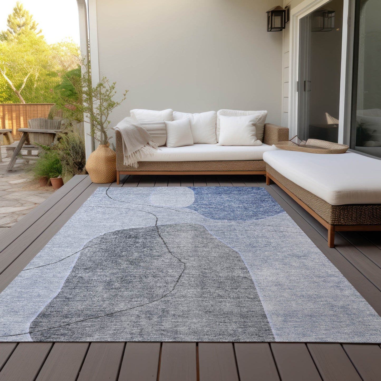 8' X 10' Denim Blue And Sky Blue Abstract Washable Indoor Outdoor Area Rug
