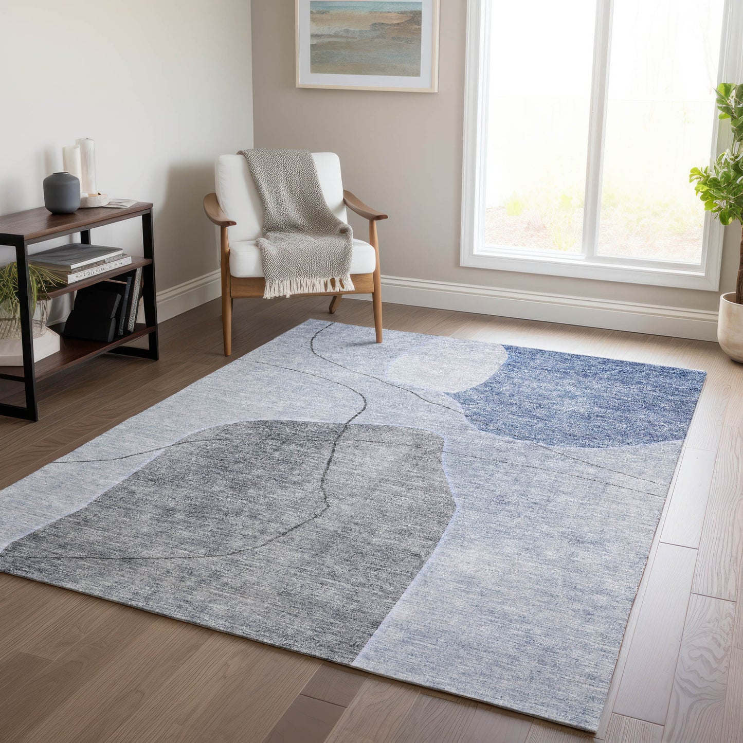 8' X 10' Denim Blue And Sky Blue Abstract Washable Indoor Outdoor Area Rug