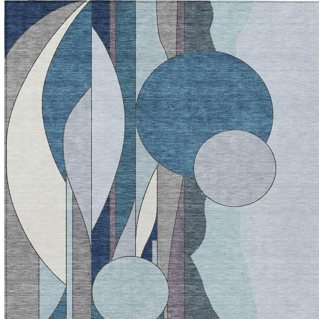 5' X 8' Blue And Ivory Geometric Washable Indoor Outdoor Area Rug