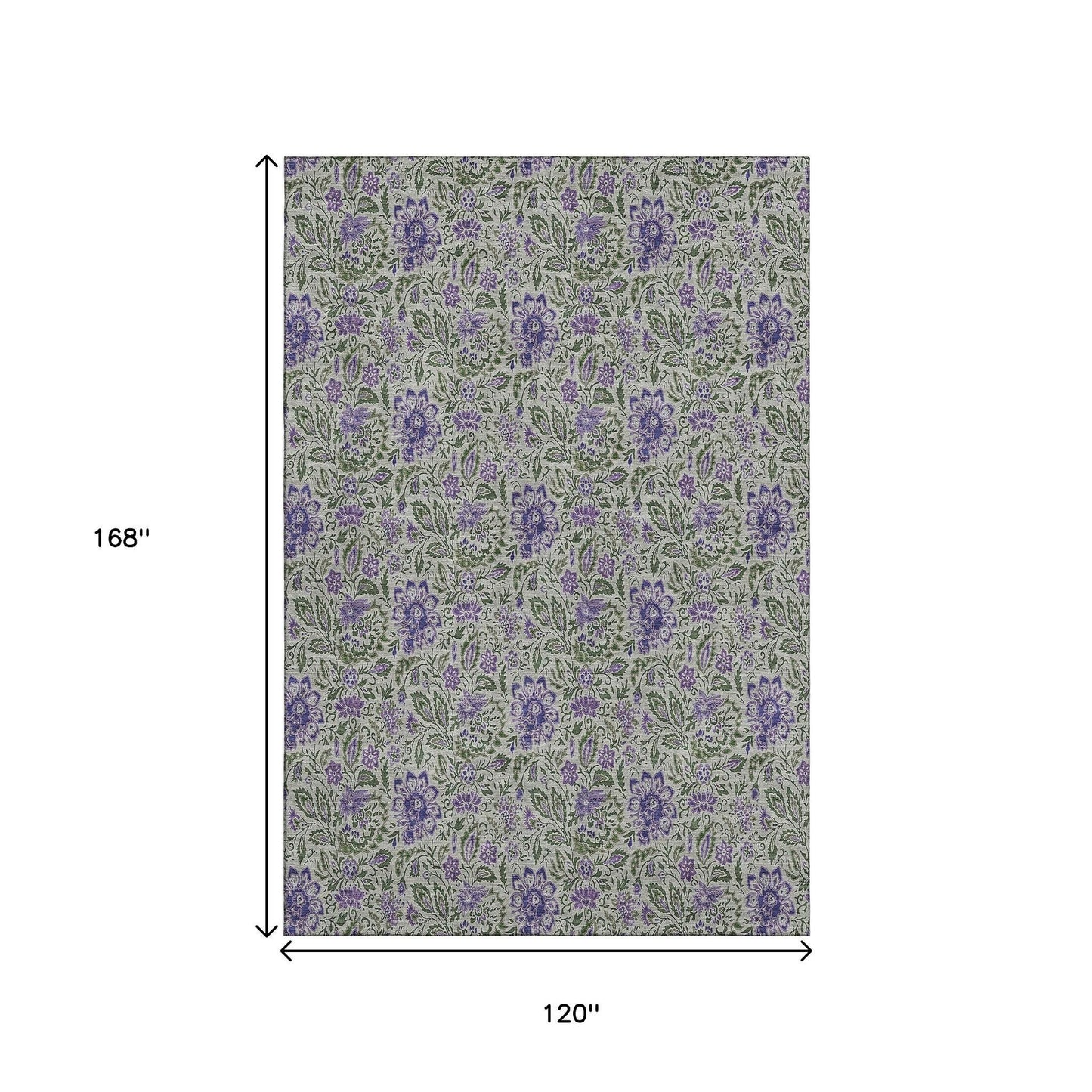10' X 14' Olive Green And Purple Floral Washable Area Rug With UV Protection