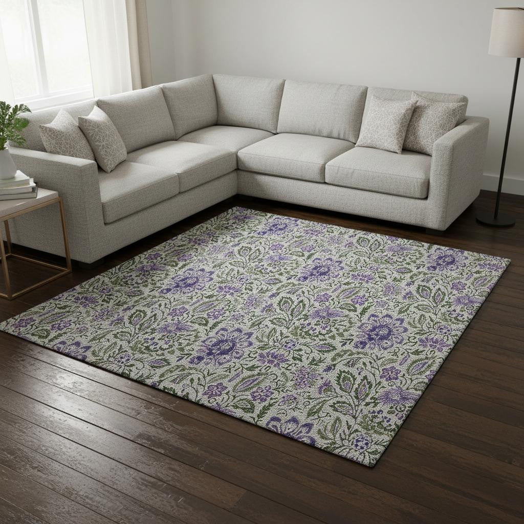 10' X 14' Olive Green And Purple Floral Washable Area Rug With UV Protection