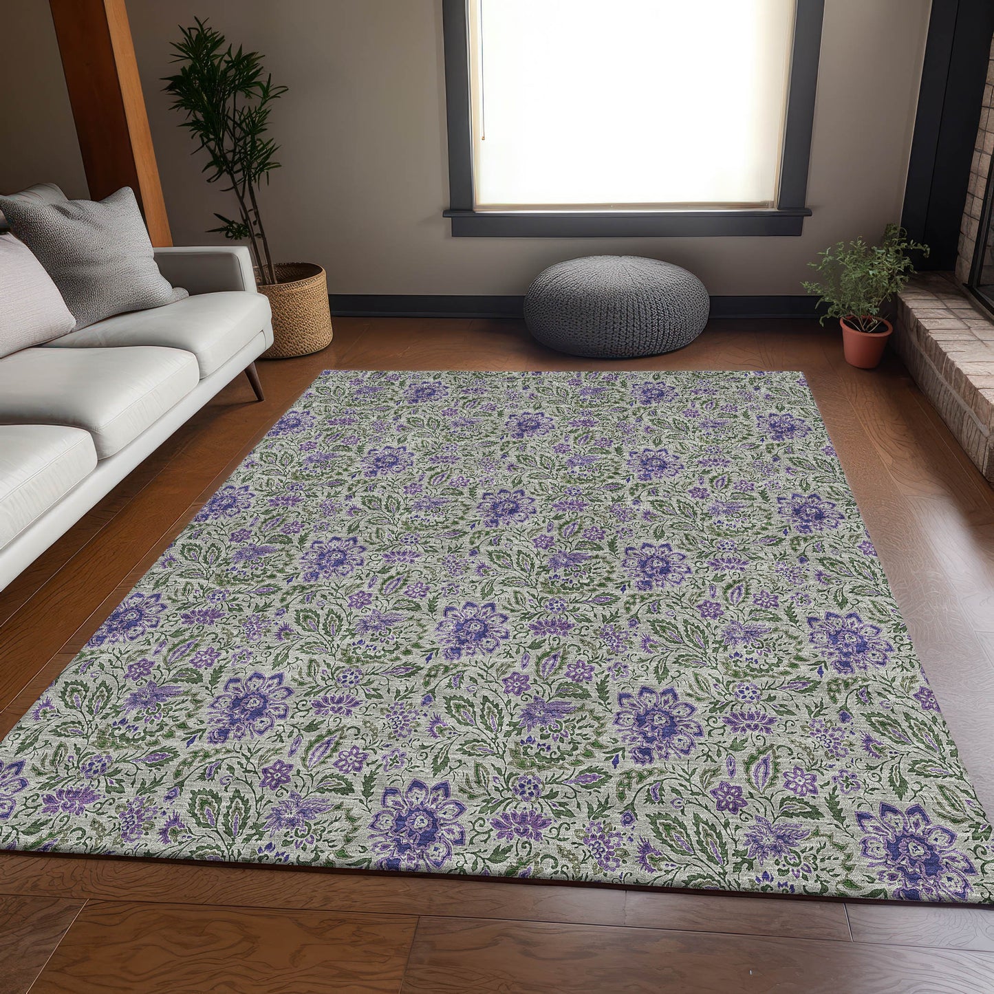 10' X 14' Olive Green And Purple Floral Washable Area Rug With UV Protection