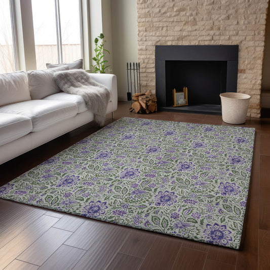 10' X 14' Olive Green And Purple Floral Washable Area Rug With UV Protection