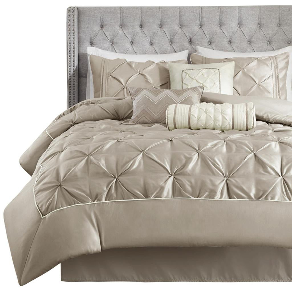 Set of Seven Taupe King Ring Stitch Polyester Sham And Comforter