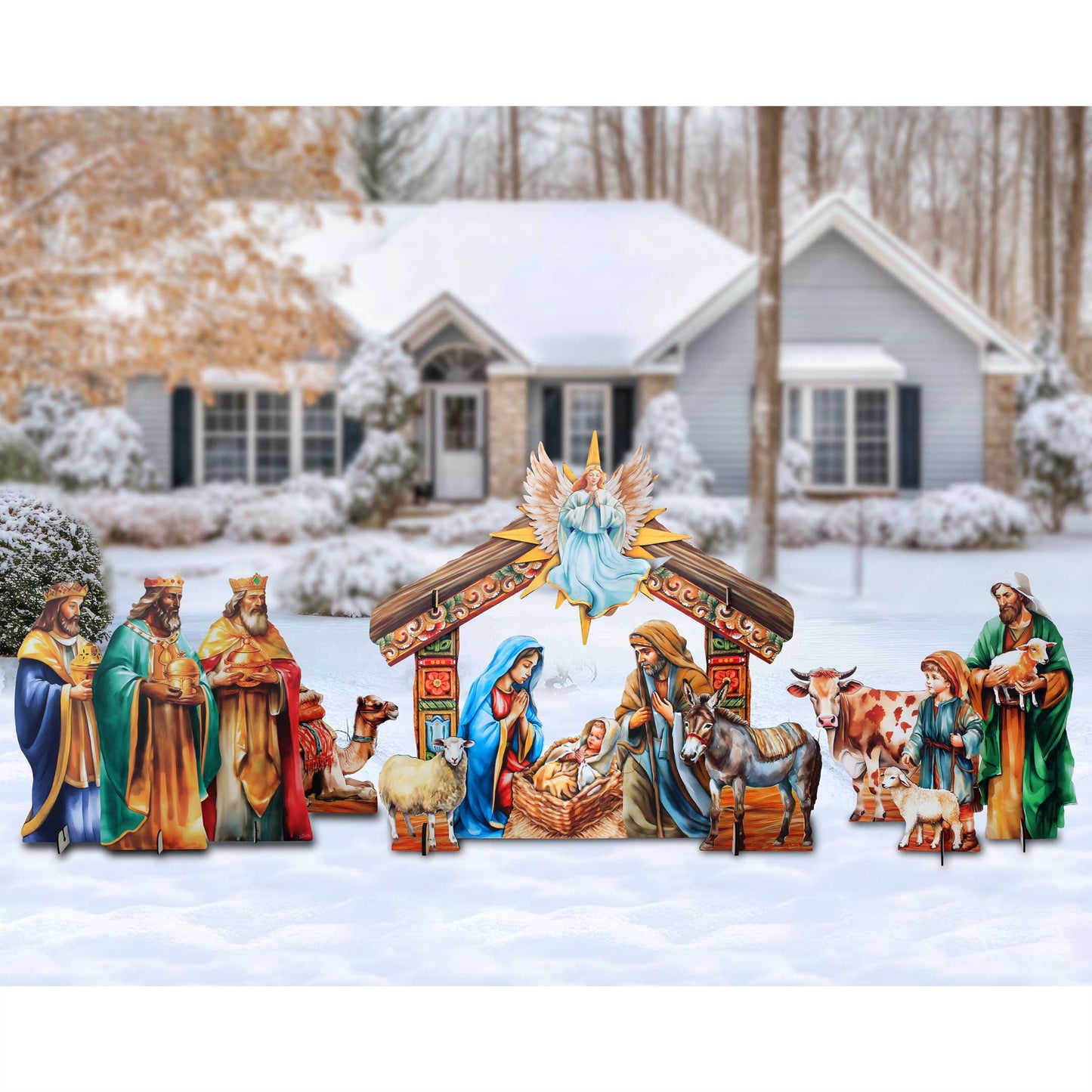 Life-Size Illustrated Holy Family Outdoor Complete NATIVITY Set – Handcrafted Christmas Yard Display by G. DeBrekht - Nativity Holiday Decor - 8621038F-S13-XXLG