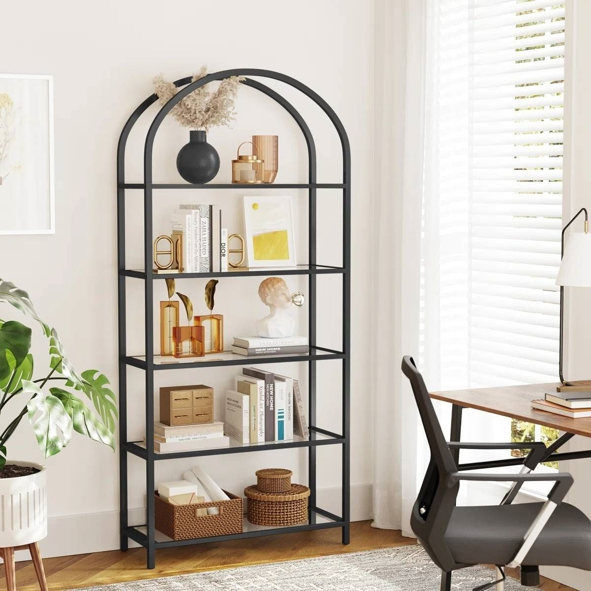 Modern Black Metal Arched Top Display Rack Bookcase with 5 Glass Storage Shelves
