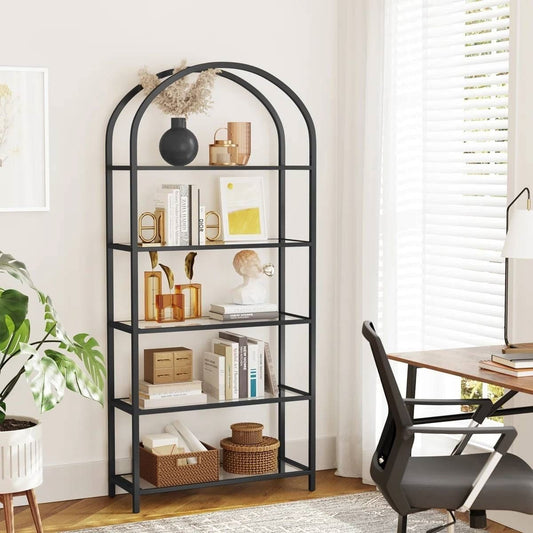 Modern Black Metal Arched Top Display Rack Bookcase with 5 Glass Storage Shelves