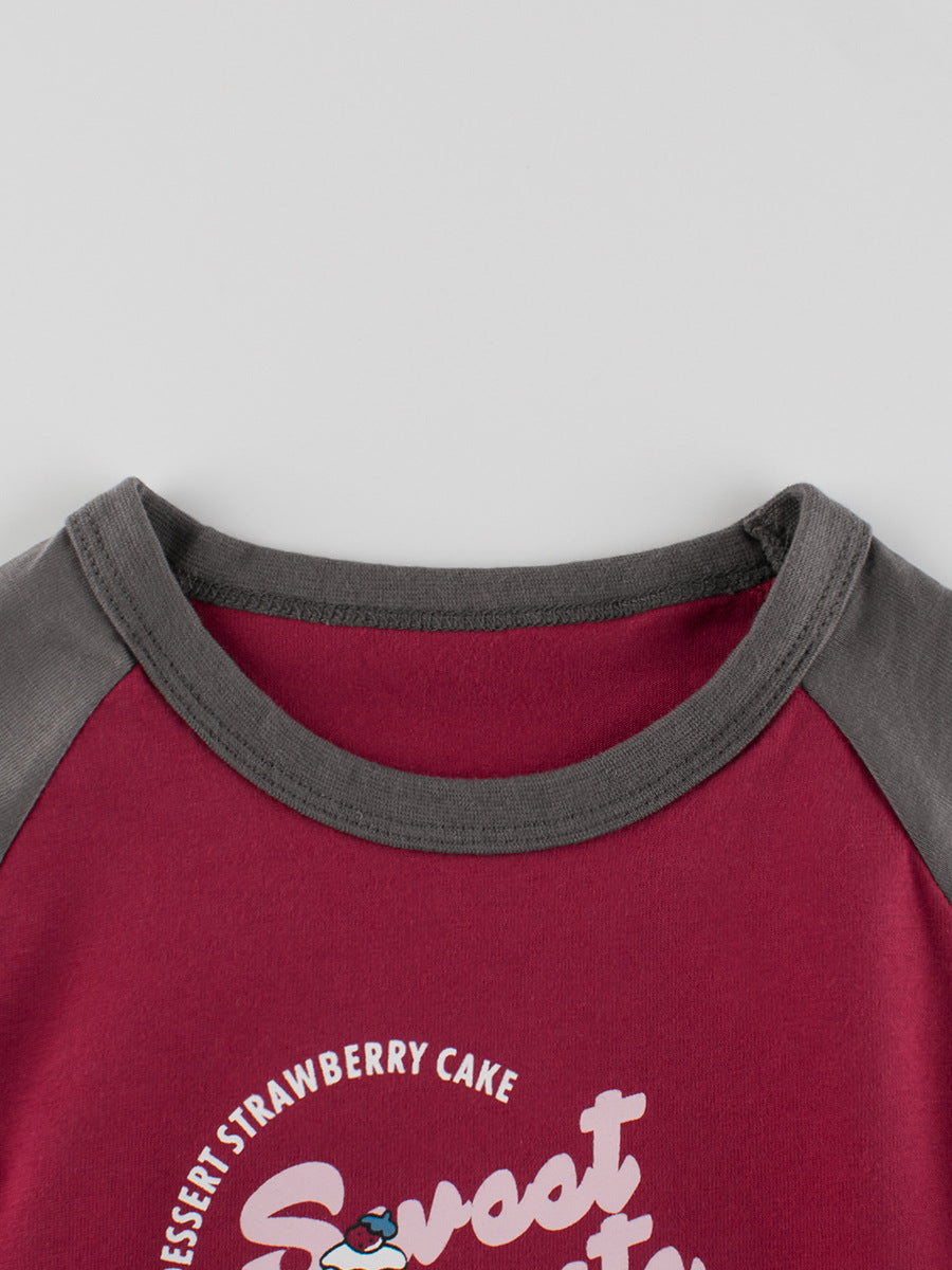 Autumn Arrival Kids Girls Cartoon Print Crew Neck Long Sleeves Color Patchwork Shirt