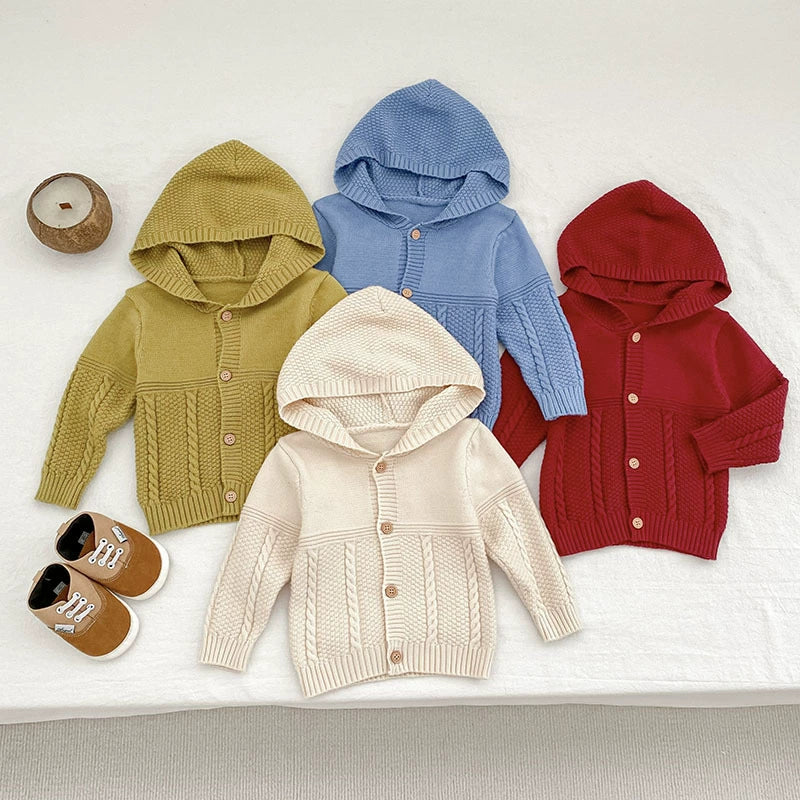 Autumn Arrival Baby Unisex Comfortable Solid Color Geometric Pattern Knitted Long Sleeves Cardigan with Hood