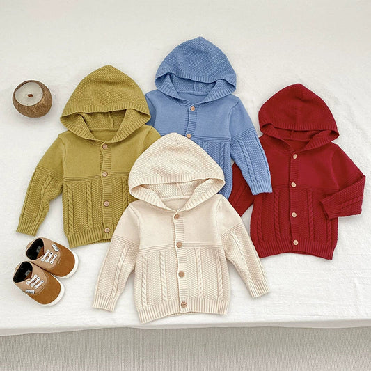 Autumn Arrival Baby Unisex Comfortable Solid Color Geometric Pattern Knitted Long Sleeves Cardigan with Hood