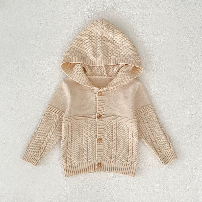 Autumn Arrival Baby Unisex Comfortable Solid Color Geometric Pattern Knitted Long Sleeves Cardigan with Hood