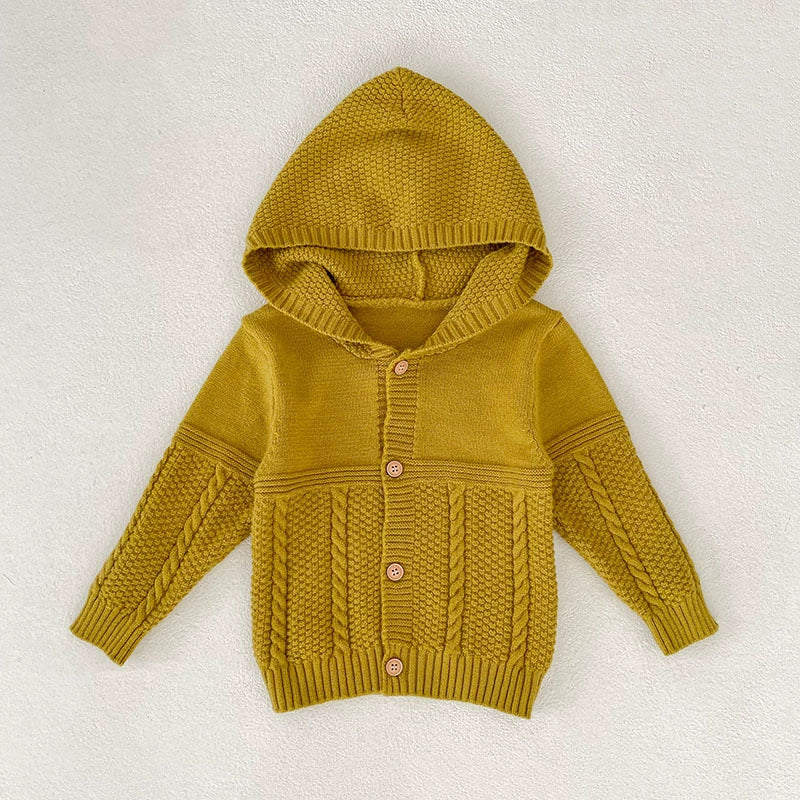 Autumn Arrival Baby Unisex Comfortable Solid Color Geometric Pattern Knitted Long Sleeves Cardigan with Hood