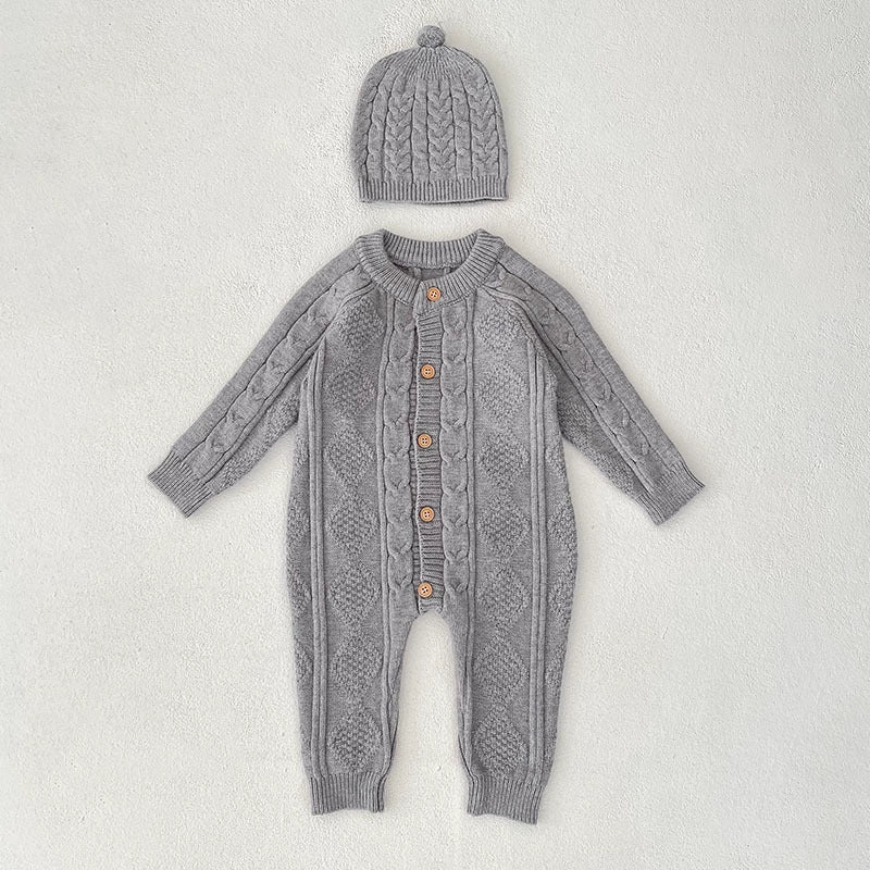 Autumn Arrival Unisex Baby’s Solid Color Geometric Jacquard Pattern Knitted Rompers