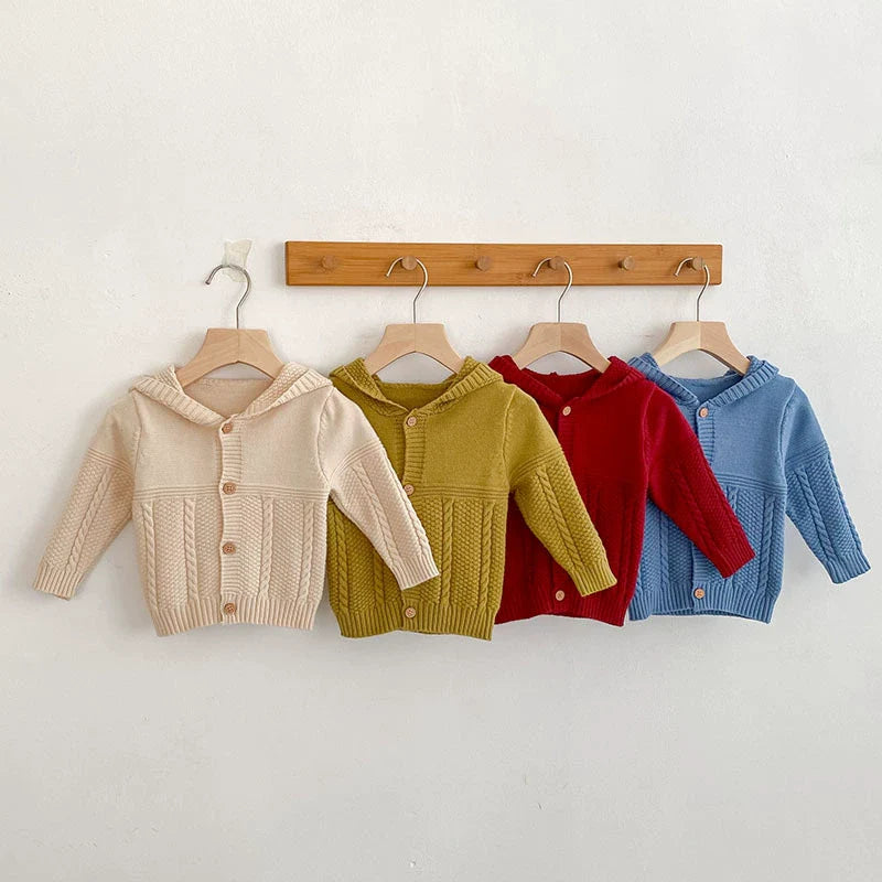 Autumn Arrival Baby Unisex Comfortable Solid Color Geometric Pattern Knitted Long Sleeves Cardigan with Hood