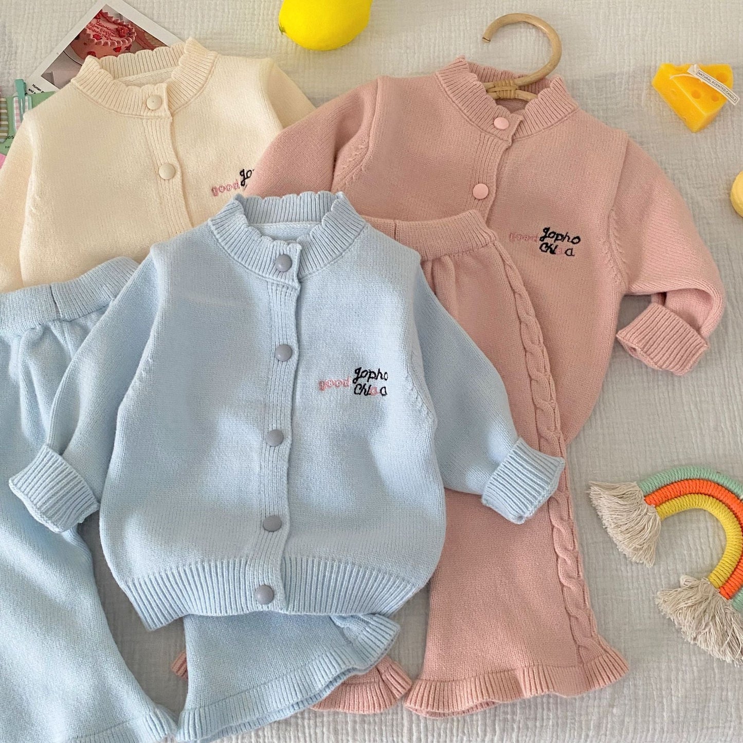 Winter and Autumn Baby Kids Girls Letters Pattern Long Sleeves Cardigan and Plain Pants Knitted Clothing Set