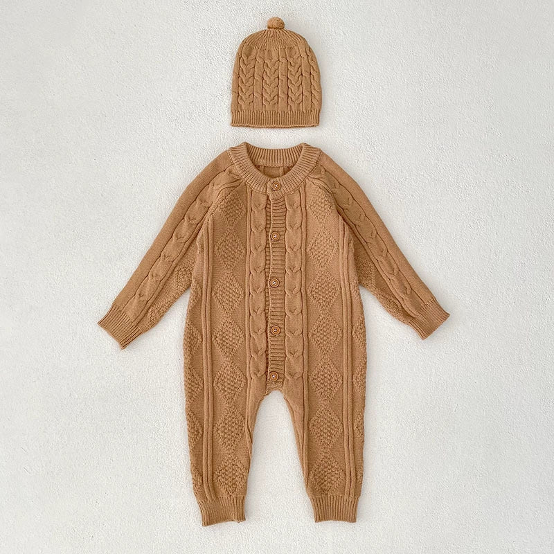 Autumn Arrival Unisex Baby’s Solid Color Geometric Jacquard Pattern Knitted Rompers